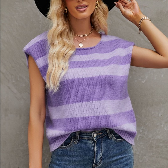 STRIPED ROUND NECK CAP SLEEVE KNIT TOP - Picture 1 of 3